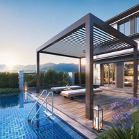 Pergola bioclimatique grise motorisée en aluminium, imperméable, pour l'ombrage des meubles d'extérieur