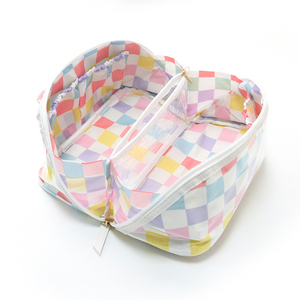 Sac de rangement pour maquillage en PVC imperméable extensible tendance, motif damier, grande capacité, sac de toilette rayé pour la salle de bain - Product Image 4