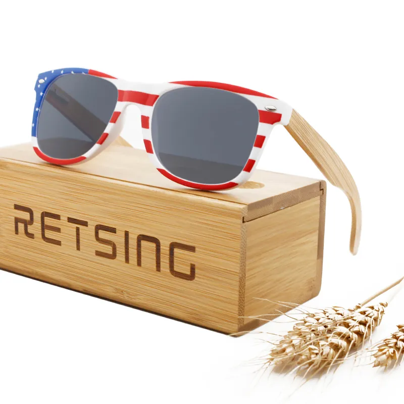 Custom American Flag สเก็ตบอร์ดไม้ไผ่ไม้กรอบแว่นตากันแดดโลโก้เลนส์ส่งเสริมการขายแว่นตากันแดด