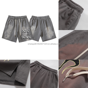 Pantaloncini Casual da Uomo di Alta Qualità in Cotone Pesante 100% con Stampa a Spruzzo Effetto Inchiostro e NFC SCAN, Stile Streetwear Vintage - Product Image 1