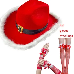 Sombrero de vaquero Medias de red Guantes de muñeca de plumas Accesorios para fotos Fiesta de Navidad Sombrero de vaquero sexy Navidad Santa Cosplay