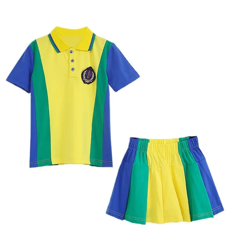 Oem novo modelo de poliéster menino menina azul e amarelo esportes verão uniforme escolar