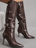 Bottes hautes marron en cuir verni pour femme, personnalisables, à bout pointu, avec fermeture éclair latérale et boucle, talon aiguille