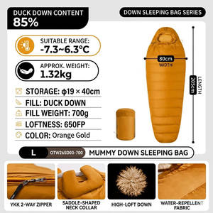 Sac de couchage mummy en duvet avec col et tube ajustables, boîte à pieds 3D, pour temps froid, en nylon léger, type enveloppe, pour camping hivernal, usine certifiée ISO9001 - Product Image 3