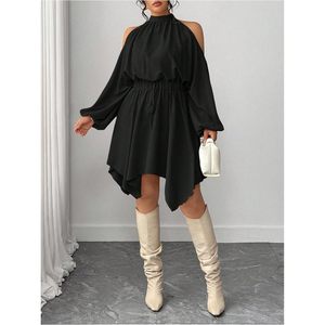 Women's Plus Size Cold Shoulder <b>Dress</b> Mock Neck Long Sleeve A Line Flowy Vacation Short <b>Dress</b> <b>Elastic</b> Waist Asymmetrical Hem - Product Image 5