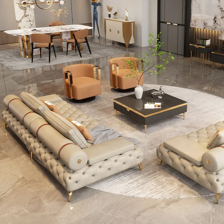 Italian Home Furniture Luxury high End Modern Luxury white Leather sofa set furniture living room