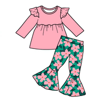 Ensemble de vêtements pour enfants en fibre de bambou imprimé sur mesure, chemisier à manches longues à col rond et pantalon évasé pour filles, tenue quotidienne pour enfants, 2 pièces
