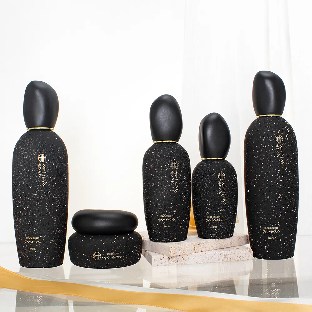 30ml 50ml 100ml luxo skincare embalagem preto creme frasco loção bomba cosmética garrafa de vidro conjunto com pedra forma cap