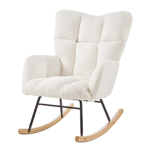 Fauteuil à bascule moderne et portable pour salon, rembourré en tissu Teddy capitonné avec pieds en bois, fauteuil d'appoint blanc ivoire - Product Image 6