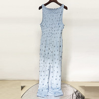Robe longue élégante 2025 sans manches coupe trapèze unie ornée de diamants, avec fente élastique, en tissu peigné lavable, taille naturelle, style vintage décontracté pour soirée