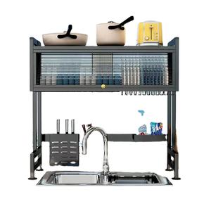 Стеллаж для сушки посуды с пылезащитной дверцей шкафа, двухуровневый большой кухонный шкаф для хранения посуды выдвижной сливатель - Product Image 2