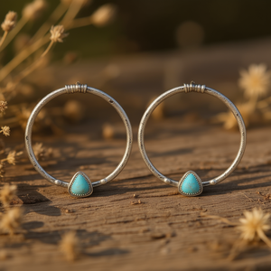 Boucles d'oreilles créoles en argent tibétain avec pierre turquoise sertie, style bohème, bijoux unisexes, plaqué argent antique - Product Image 2