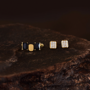 Fashion <b>Stud</b> <b>Earrings</b> 316L Stainless Steel PVD Gold Plating Sustainable Resistant <b>Black</b> Onyx Pearl Inlay - Product Image 2