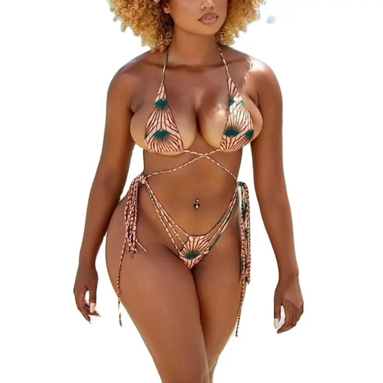 Private label custom extreme micro triangle swimwear beach print sexy string bikini for women
