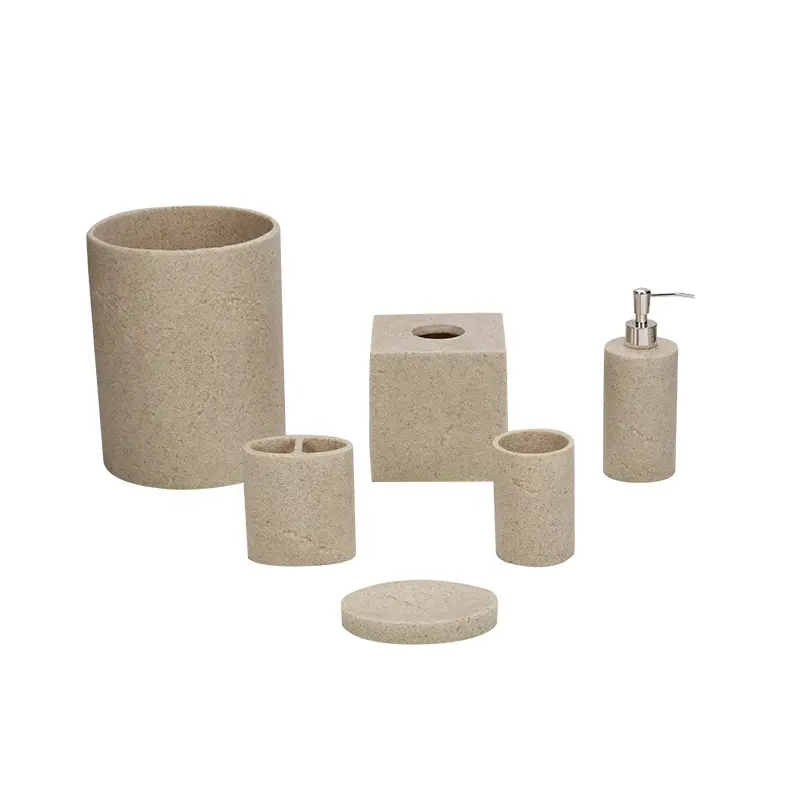 6 개 욕실 액세서리 세트 Hight 품질 Polyresin 앙상블-로션 디스펜서/칫솔 홀더/코튼 항아리/트레이/텀블러 컵