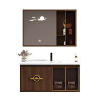 Mueble de Baño Flotante de Pared en Nogal Oscuro con Espejo Decorativo LED Inteligente y Gabinete de Vidrio para Villa u Hotel