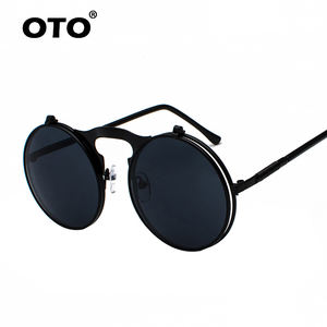 Occhiali da Sole OTO Fashion Classici Rotondi in Metallo con Montatura Circolare Ribaltabile, Stile Steampunk Nero <span class=keywords><strong>e</strong></span> Rosso per Uomo - Product Image 4