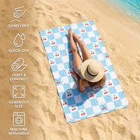 Custom Sand Free Beach Towel Cute Cherry Checkerboard Pattern Microfiber Travel Quick Dry Pool Towels for Adults with Bag