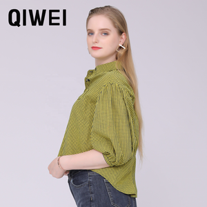 Blus dan atasan kemeja kotak-kotak warna kuning, baju wanita musim panas kancing hitam - Product Image 3