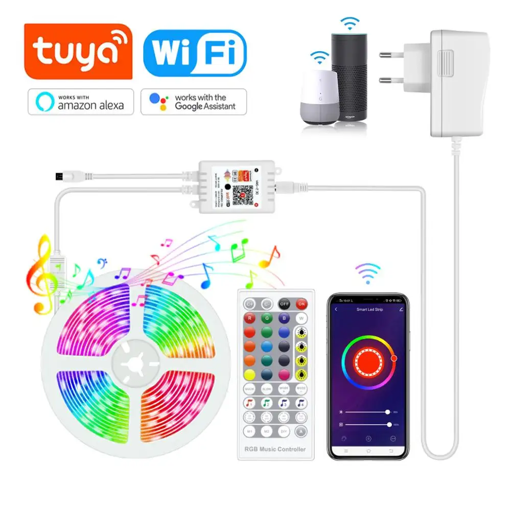 Tuya APP 스마트 Wifi LED 스트립 라이트 RGBW 12V 5050 Alexa Google 음성 및 원격 제어 휴일 파티 클럽 바 홈 장식