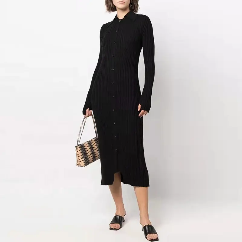 Knitwear Manufacturer Custom Women's Black Long Sleeved Button Ribbed Knitted Cotton Sweater Dress