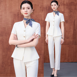 White Women's Summer Suit <b>Set</b> Short Sleeve Satin Breathable <b>Office</b> Lady Business Commute Uniform - Product Image 1