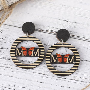 Boucles d'oreilles en bois rayures géométriques rondes creuses papillon pendentif boucles d'oreilles pour femmes Uionen 1110 - Product Image 2