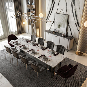 Ensemble de table à manger en marbre blanc, meubles de salle à manger de luxe, table rectangulaire en acier inoxydable pour restaurant avec 10 chaises - Product Image 1