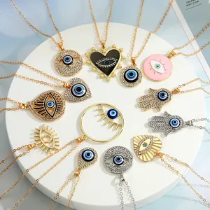 Wholesale Fashion Gold Silver Plated Crystal Heart Fatima Hasma Hand Pendant Women Lucky Blue Turkish Evil Eye Necklace Jewelry