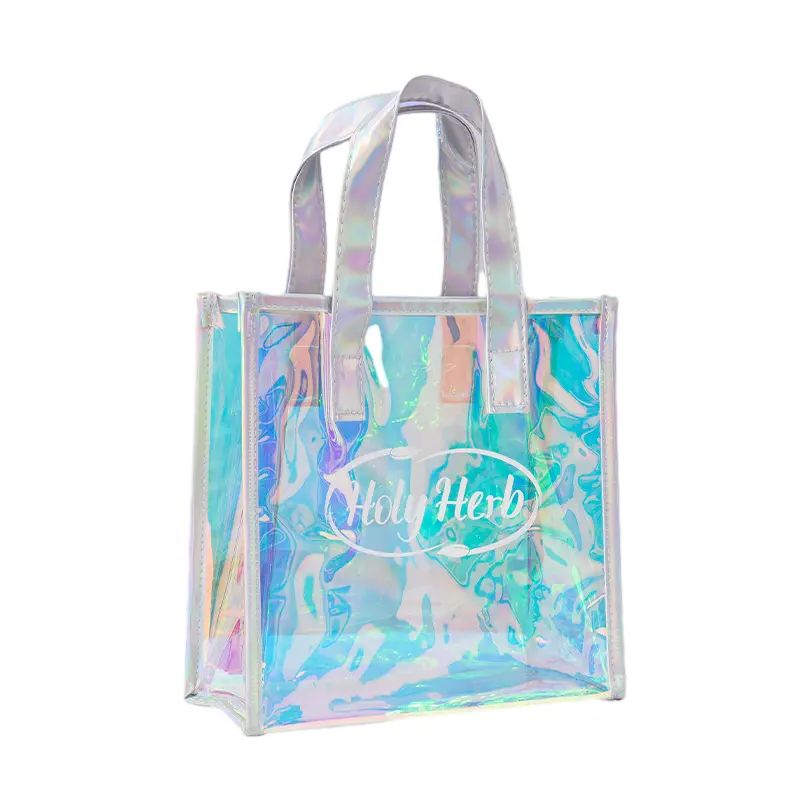 Оптовая продажа, голографическая сумка из ПВХ с логотипом, роскошные сумки для женщин, блестящие подарочные сумки из ПВХ с ручкой