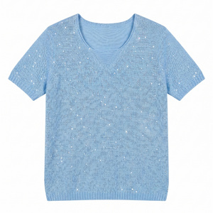 Wholesale <strong>Women's</strong> Light Blue Sequin Knitted T-shirt Shiny Short Sleeve Summer Knitwear Elegant <strong>Sparkly</strong> <strong>Jumper</strong> Top - Product Image 1