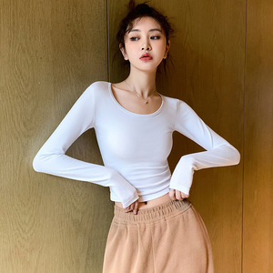 95% Cotton 5% Spandex Slim Fit Long Sleeve Women <b>Crop</b> Tshirts Sexy Crew Neck Bank <b>Crop</b> <b>Tops</b> Blouse - Product Image 5