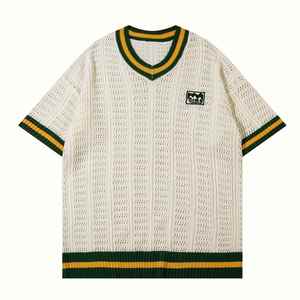 Logo personnalisé avec motif en tricot, col en V, manches courtes, hauts en tricot respirants à manches courtes pour hommes, style universitaire - Product Image 1