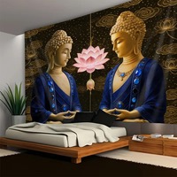 Tapisserie murale en polyester noir avec motif Bouddha Lotus Lumineux, facile à accrocher, décoration murale, impression HD, OEM ODM
