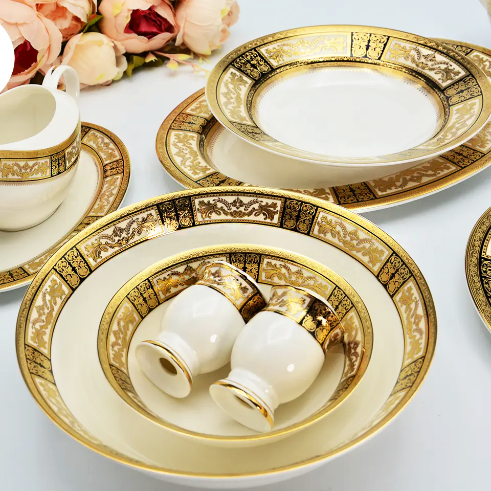 98pcs Royal Porcelain Dinner Set Luxury Modern Dinnerware Embossed Gold Decoration Bone China Kitchenware for 12 · image 3