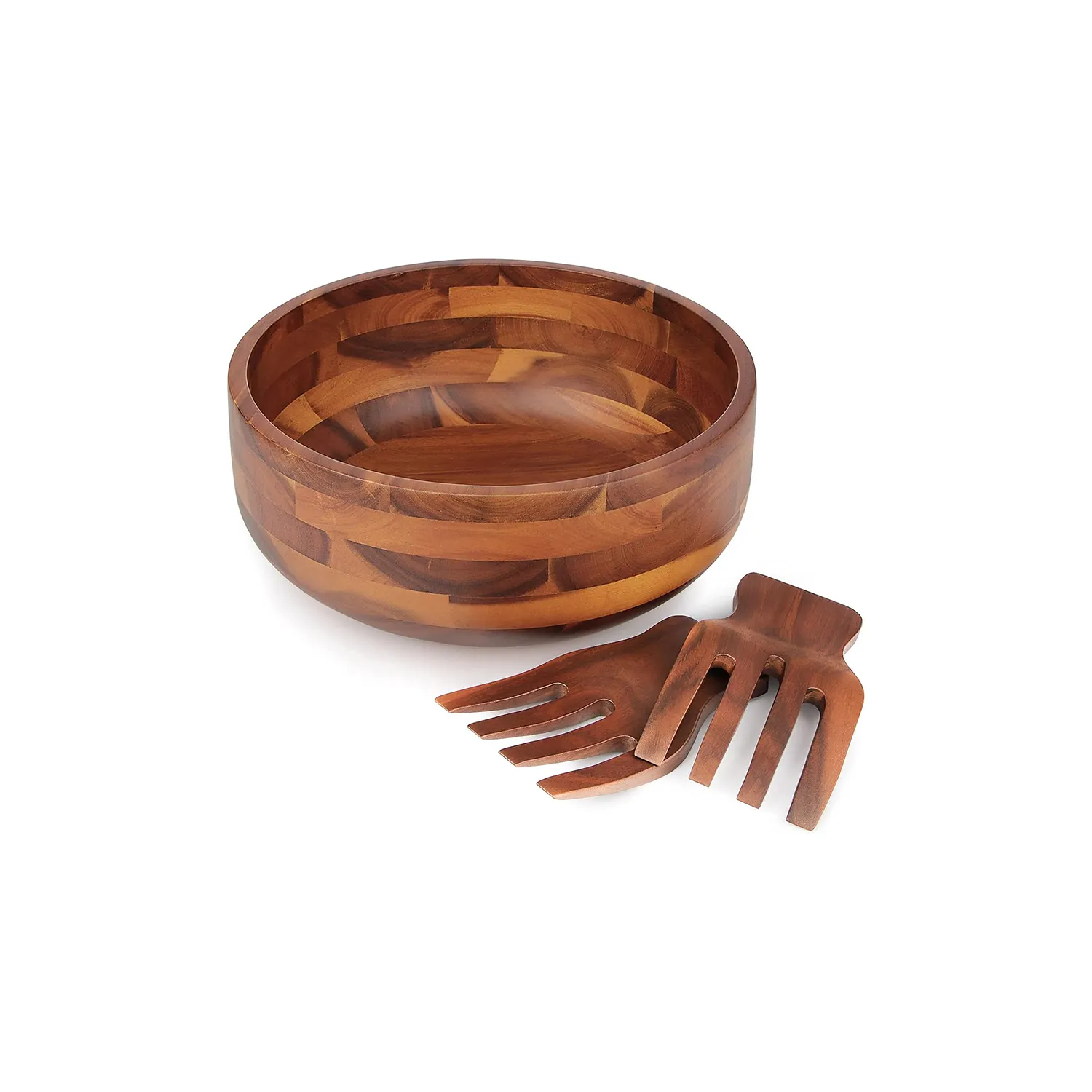 Acacia Wood Salad Bowl Set with 2 Wooden Hands Large Salad Bowl with Serving Utensils