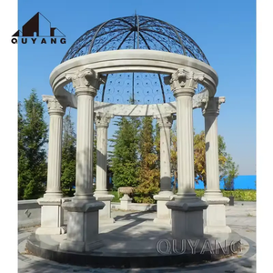 Gazebo de Mármol Blanco Estilo Europeo para Jardín, Pabellón de Piedra con Columnas Romanas y Cúpula de Hierro Forjado - Product Image 3