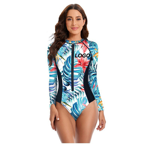 Upf 50+ Custom One Piece Uv Protection Surfier Printed Swimwear Recyclable Long Sleeve <strong>Zip</strong> <strong>up</strong> Women <strong>Swimsuit</strong> - Product Image 2