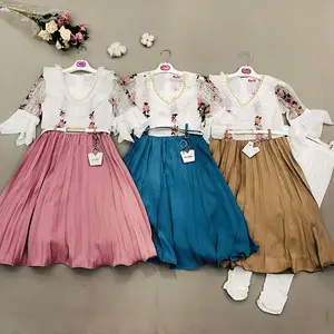 Elsali neu angekommen 6 bis 12 Jahre Teen Girls Kleidung Pearl Neck Flower Stickerei Bell Sleeves Baby Kleidung Mädchen mit Hose