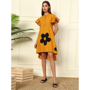 Solid Cotton Floral Print <b>Dress</b> Women's Collared Neck Short Frilled Sleeves Loose Fit High Low Pockets Summer Western Party - Product Image 4