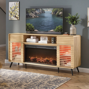 Giữa Thế Kỷ hiện đại TV đứng với lò sưởi điện đèn LED gỗ phương tiện truyền thông giao diện điều khiển trượt Slatted cửa lưu trữ Kệ - Product Image 4