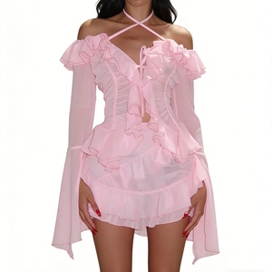 ชุดเซ็ต 2 ชิ้นสำหรับผู้หญิง เสื้อครอปคอ halter แบบเปิดไหล่แต่งระบาย & กระโปรงสั้น แฟชั่น - Product Image 2