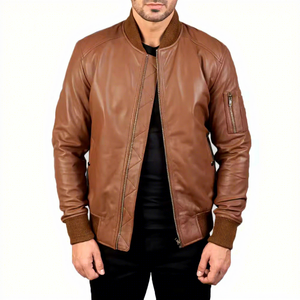 <b>Mens</b> Real Tan <b>Leather</b> Bomber <b>Jacket</b> Rib Collar Zip Sleeve Pocket Quilted Placket Sheepskin Flight Coat Custom Brown Winter Out - Product Image 1