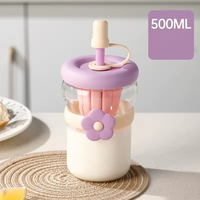 Mug en verre avec infuseur, design unique et mignon, motif de fleurs de dessin animé, verres en verre transparent pour le petit-déjeuner, le lait, les fruits, le thé aux fleurs avec couvercle et paille