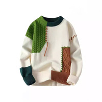 Sweater Rajut Pria Motif Jacquard Musim Dingin 2024 Kerah Bulat dengan Dekorasi Blok Warna