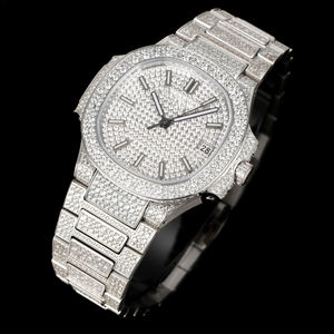 Montre-bracelet mécanique pour homme avec boîtier entièrement serti de diamants Moissanite, base métallique haut de gamme, sertissage dense de diamants, affichage de la date, style Hip Hop - Product Image 1