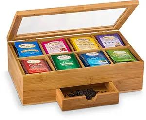 Wooden Tea Box with 8 Compartments Acrylic Window and Magnetic Lid Made of Bamboo Keeps Tea Bags Fresh Great Gift Idea