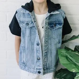 새로운 디자인 100% 면 여름 아이 소년 데님 후드 짧은 소매 재킷 캐주얼 소년 재킷