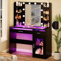 Coiffeuse noire avec miroir LED, plateau en verre, tiroirs de rangement et grand meuble en verre trempé pour chambre à coucher