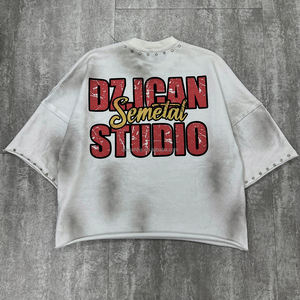 เสื้อยืดทรงบ็อกซี่ครอปผ้าคอตตอนฟอกสีสไตล์วินเทจ ตกแต่งด้วยคริสตัล งานพิมพ์ลายกราฟิก ทรงโอเวอร์ไซส์ สำหรับผู้ชาย - Product Image 2